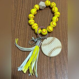 Yellow Softball Beaded Keychain Bracelet with Tassel
